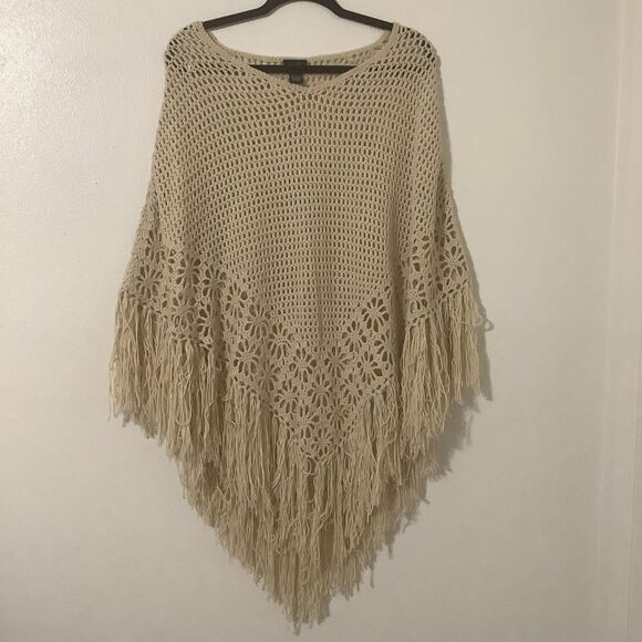 Tan Bohemian Boho Hippie Festival Crochet Knitted Lagenlook Shawl Poncho OS - Picture 1 of 8